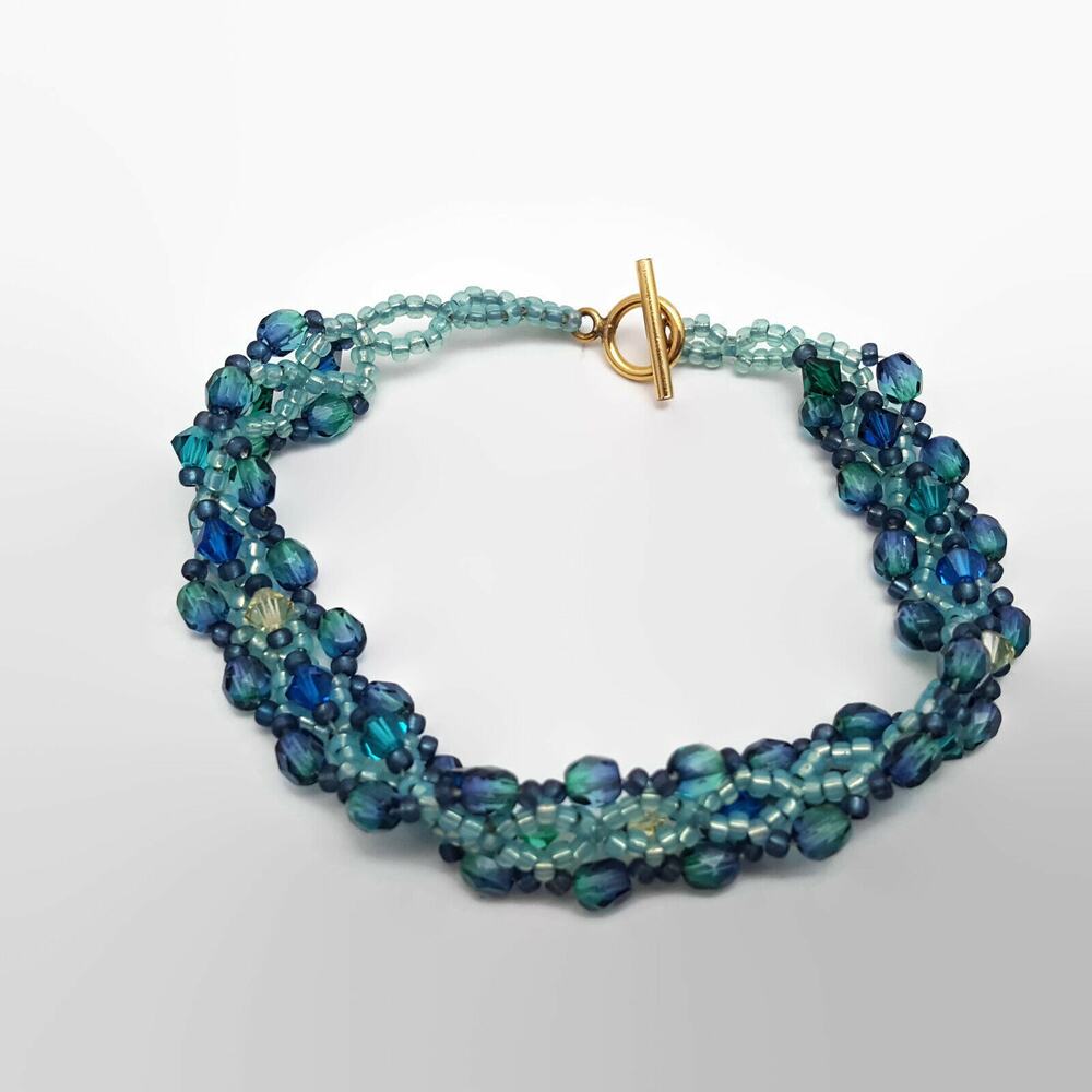 Woven Beadwork Blue Seed Bead & Faceted Glass Bead Toggle Bracelet